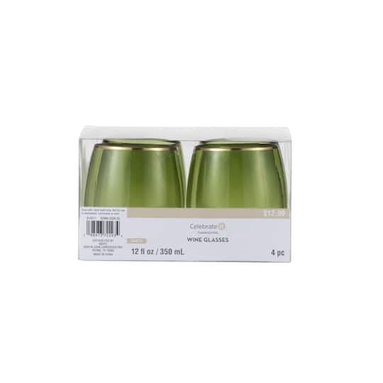 Celebrate It; 12 oz. Green with Gold Edge Plastic Wine Glasses , 4ct. by Celebrate It™; Category:Thanksgiving Party Supplies; Image:1